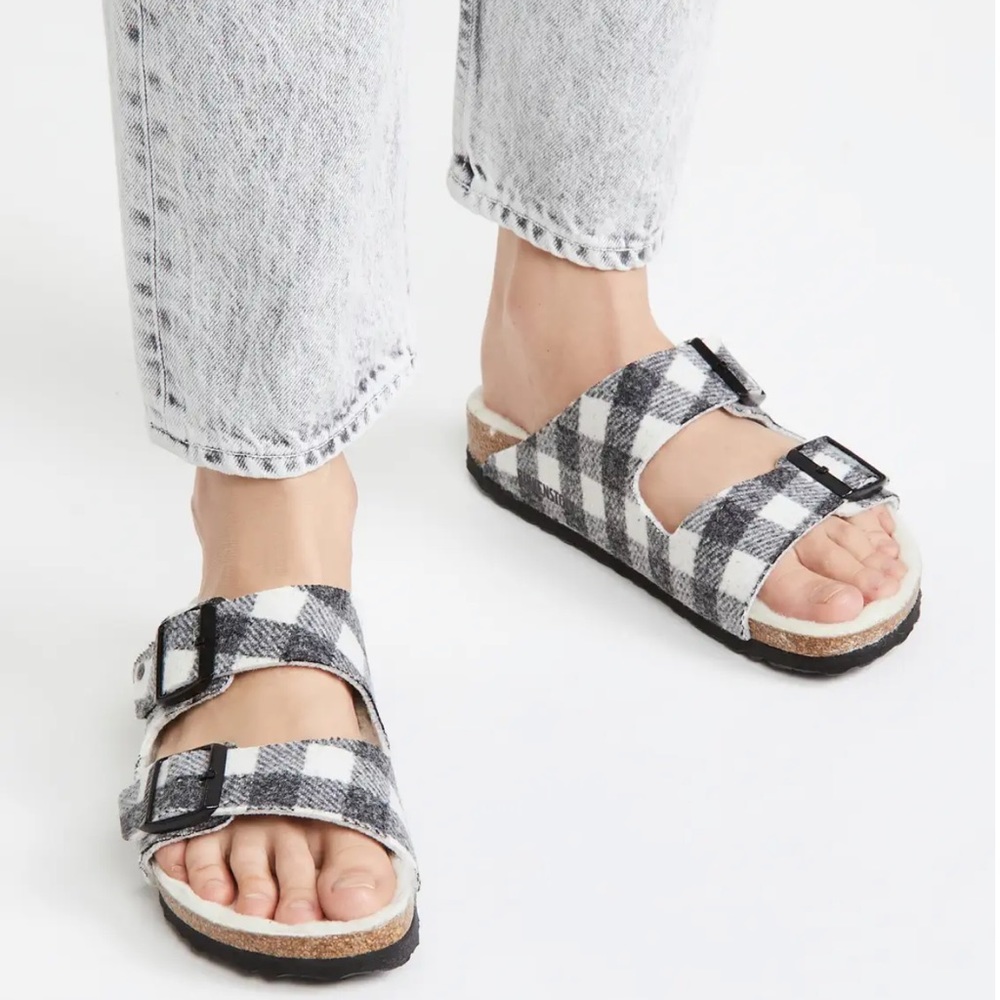 Birkenstock Arizona Plaid Genuine Shearling Slide Sandals Gray Size 12